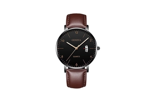 Detail of Geneva quartz watch featuring brown leather strap and black dial with calendar window