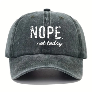 Detail of NOPE not today embroidery on washed charcoal cotton twill baseball cap