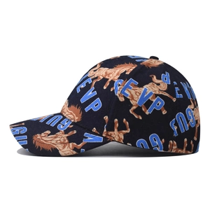Casquette de baseball en coton avec imprimé cheval marron et lettres bleues sur noir
