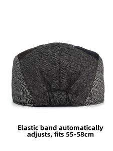Detail of newsboy cap back with elastic band for adjustable size 55-58cm in herringbone
