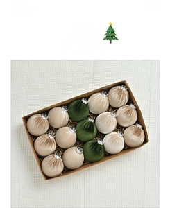 Set of 15 flocked velvet Christmas ornaments in forest green and champagne colors