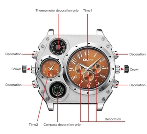 Detail view of multi-dial watch featuring dual time zones and decorative instruments