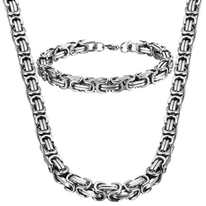 Polished silver Cuban link chain necklace and bracelet set in rugged hip-hop style