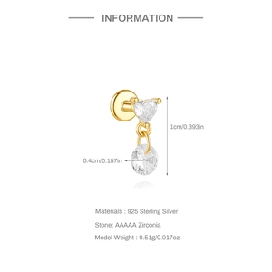 Detailed dimensions and specs of 925 sterling silver heart zircon cartilage stud earring
