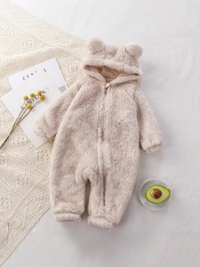 Pink plush baby romper with bear ears hood, warm newborn fleece onesie for winter
