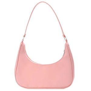 Minimalist pink nylon hobo shoulder bag with sleek crescent shape and silver hardware