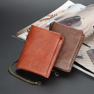 Retro Baellerry men's wallet in oil wax leather with vintage anti-theft metal chain