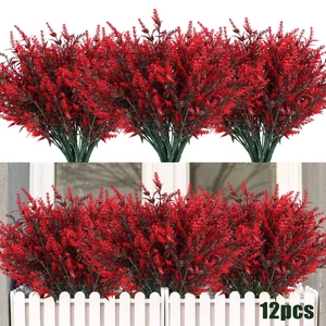 12-piece bundle of UV-resistant artificial lavender flowers in red for indoor and outdoor decor