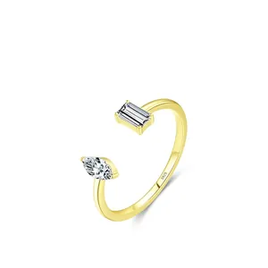 Minimalist 925 sterling silver gold geometric ring with marquise and rectangle zircons