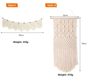 Detail view of handmade Bohemian cotton woven wall hangings with macrame fringe patterns