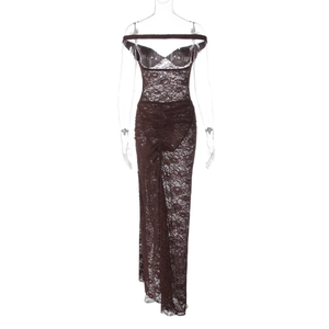 Close-up of deep brown lace long dress with ruched details and sheer texture