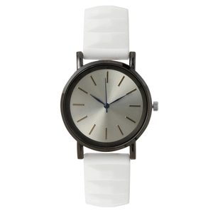 Minimalist women's watch with silver sunray dial, gold markers and white silicone strap