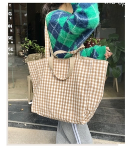 Close-up of a double-sided plaid canvas tote bag worn by a model in a city street