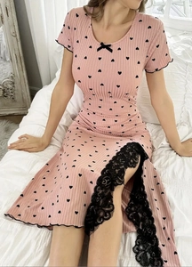Pink heart print ribbed sleepwear dress with black lace trim and bow detail