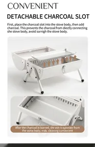 Detail view of the portable grill with a removable black charcoal tray for easy cleaning