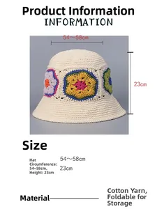 Size chart showing 54-58cm circumference for the floral cotton crochet bucket hat