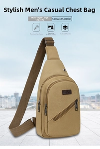 Close-up of khaki canvas crossbody bag with multi-layer zippers and sport patch