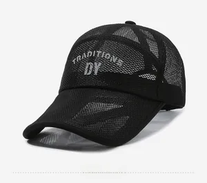 Detail view of breathable black mesh fabric and grey TRADITIONS DY print on sports cap