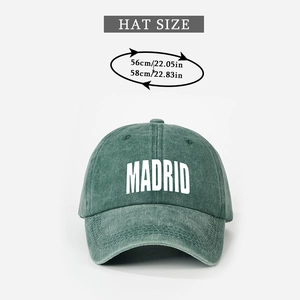 Detail showing Madrid print on dark green washed baseball cap with size specifications