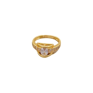Adjustable gold open ring with marquise-cut zircon and paved side diamonds on white background