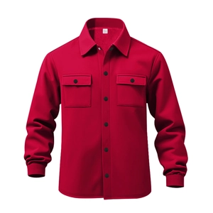 Detail of red fleece-lined utility jacket with double chest pockets and black buttons