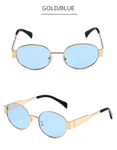 Detailed view of oval blue lenses and gold metal frames with non-slip temple tips