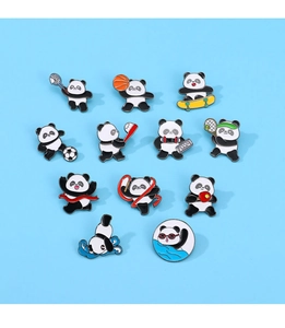 Detailed collection of sports panda enamel pins featuring various athletic activities