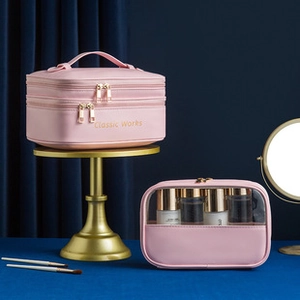 Pink PU leather makeup bag set with double-layer case and transparent storage pouch