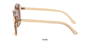 Side view of trendy transparent amber curved sunglasses with a sleek streamlined temple design