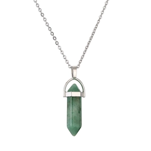 Natural green hexagonal stone pillar crystal necklace with silver stainless steel chain