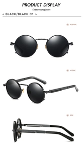 Detailed views of black steampunk sunglasses with metal frames and spring hinge accents