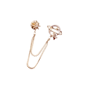 Elegant 14K gold plated Saturn and star brooch with delicate chains and zircons