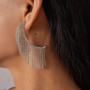 Close-up of elegant silver metallic beaded tassel earrings cascading from the ear