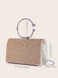 Gold diamond evening clutch with round handle and size chart for wedding parties