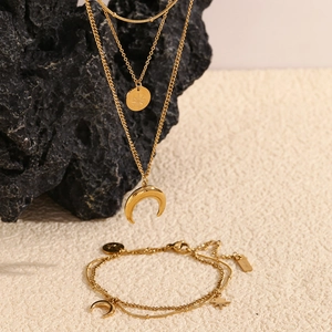 18K gold plated multi-layer necklace and bracelet set with moon and star pendants
