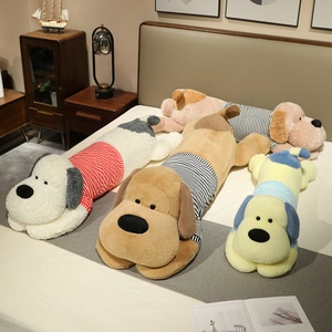 Peluche Chien Couché Rayé Fausse Fourrure Coton PP Oreiller De Corps Long Et Souple Housse Amovible Poupée Animale Décor