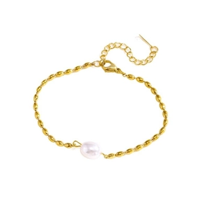Vintage Baroque stainless steel bracelet featuring golden metal beads and a freshwater pearl