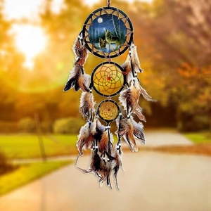 Wolf howling oil painting dreamcatcher wall hanging with natural brown feathers and beads