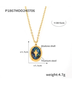 Detail of gold-plated starburst oval pendant with natural colorful abalone shell inlay