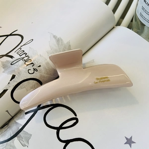 Detail of light pink acetate hair claw clip with golden Barrette la France script on a magazine