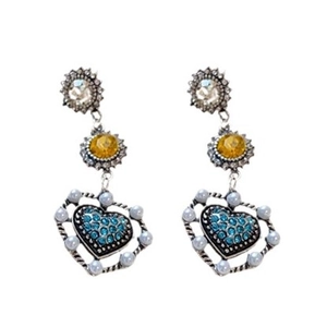 Vintage silver flower and heart drop earrings with colorful crystals and pearls