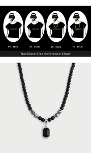 Men's natural stone beaded necklace size reference chart with pendant details