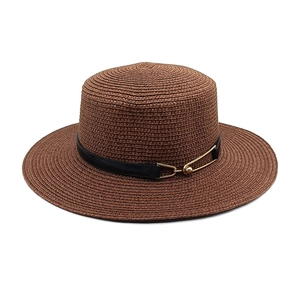 Brown flat top straw boater hat with black PU band and golden horsebit metal buckle