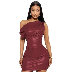 Elegant burgundy one shoulder bodycon mini dress in premium PU leather finish