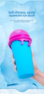 Detail of soft silicone smoothie cup being squeezed to make slushie ice drinks