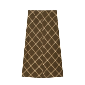 Classic brown plaid A-line midi skirt with stylish checkered pattern and tiered layering