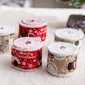 Five rolls of Christmas ribbons with festive prints on soft white faux fur background