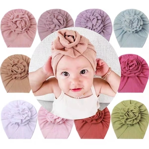 Breathable ice silk stripe baby turban hat with large 3D rose floral decoration