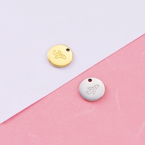 Polished gold and silver stainless steel round charms with plane engraving
