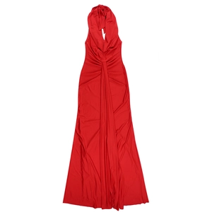 Detailed view of the bright red halter neck backless satin evening gown with fishtail hem